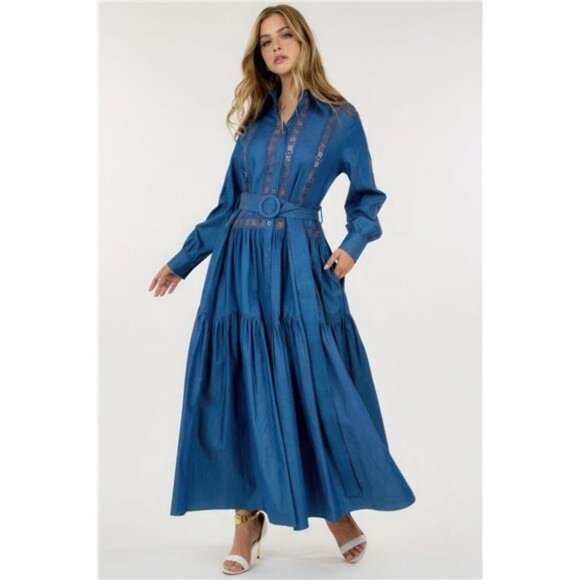 Long Sleeve Maxi Dress/ Lace Detailing/ With Belt- Denim Color - Picture 1 of 6
